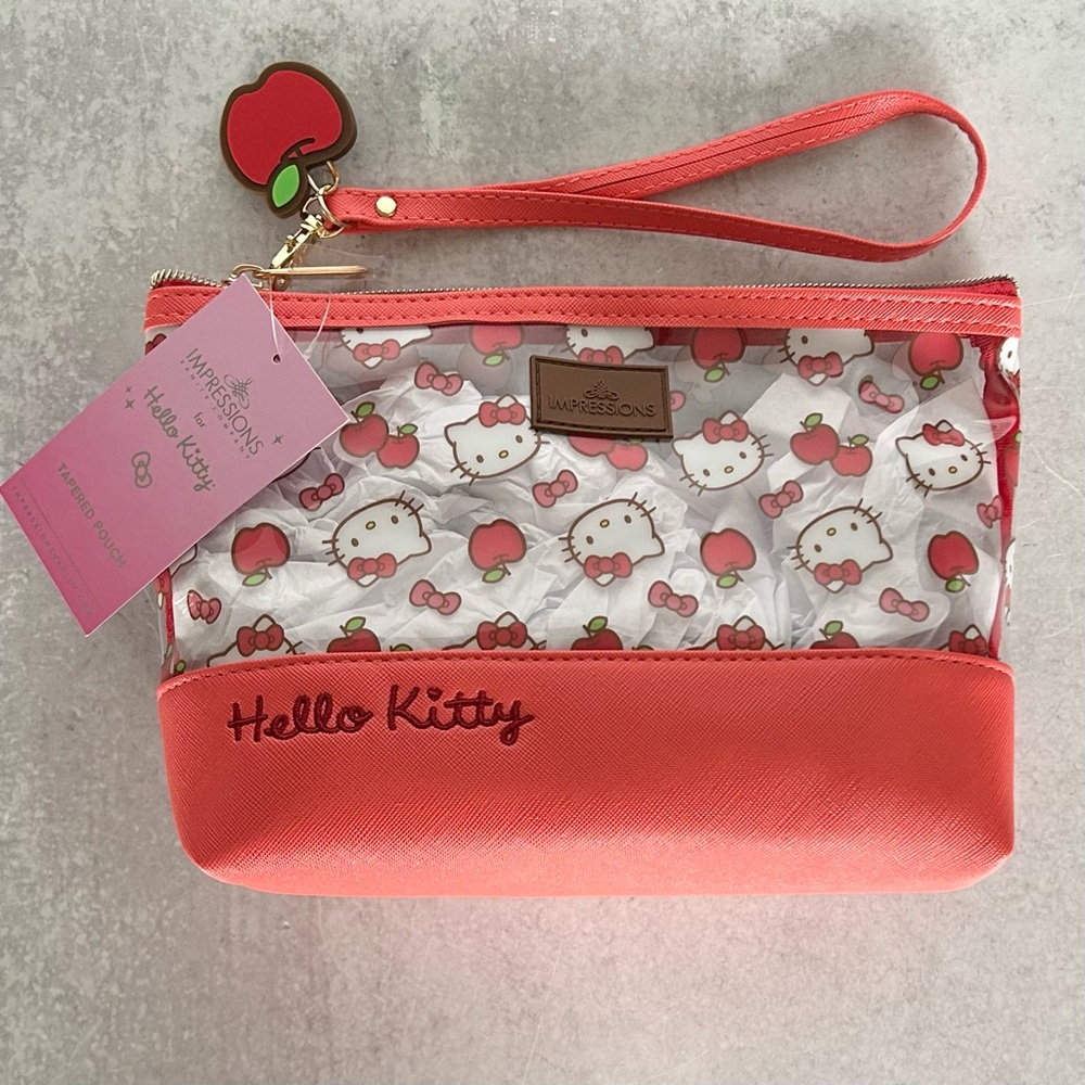 HELLO KITTY Tapered Clear Apple Cosmetics Pouch Bag with Wristlet in Peach, NWT